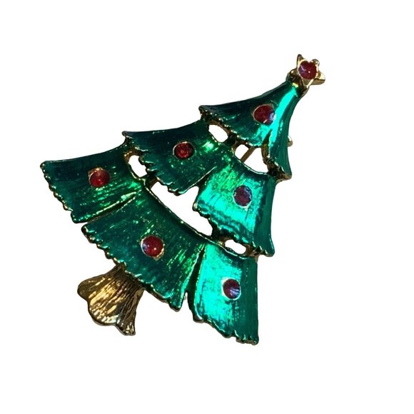 Christmas Tree Pin with Red Rhinestones Tree Decorations gold tone - Picture 4 of 9